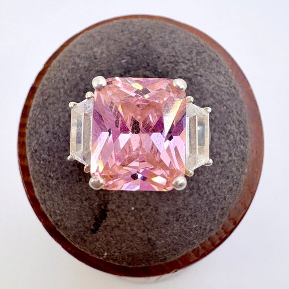 VTG Solid Sterling Silver 925 Pink & White Cubic Zirconia Statement Ring Size 6 - Picture 1 of 8